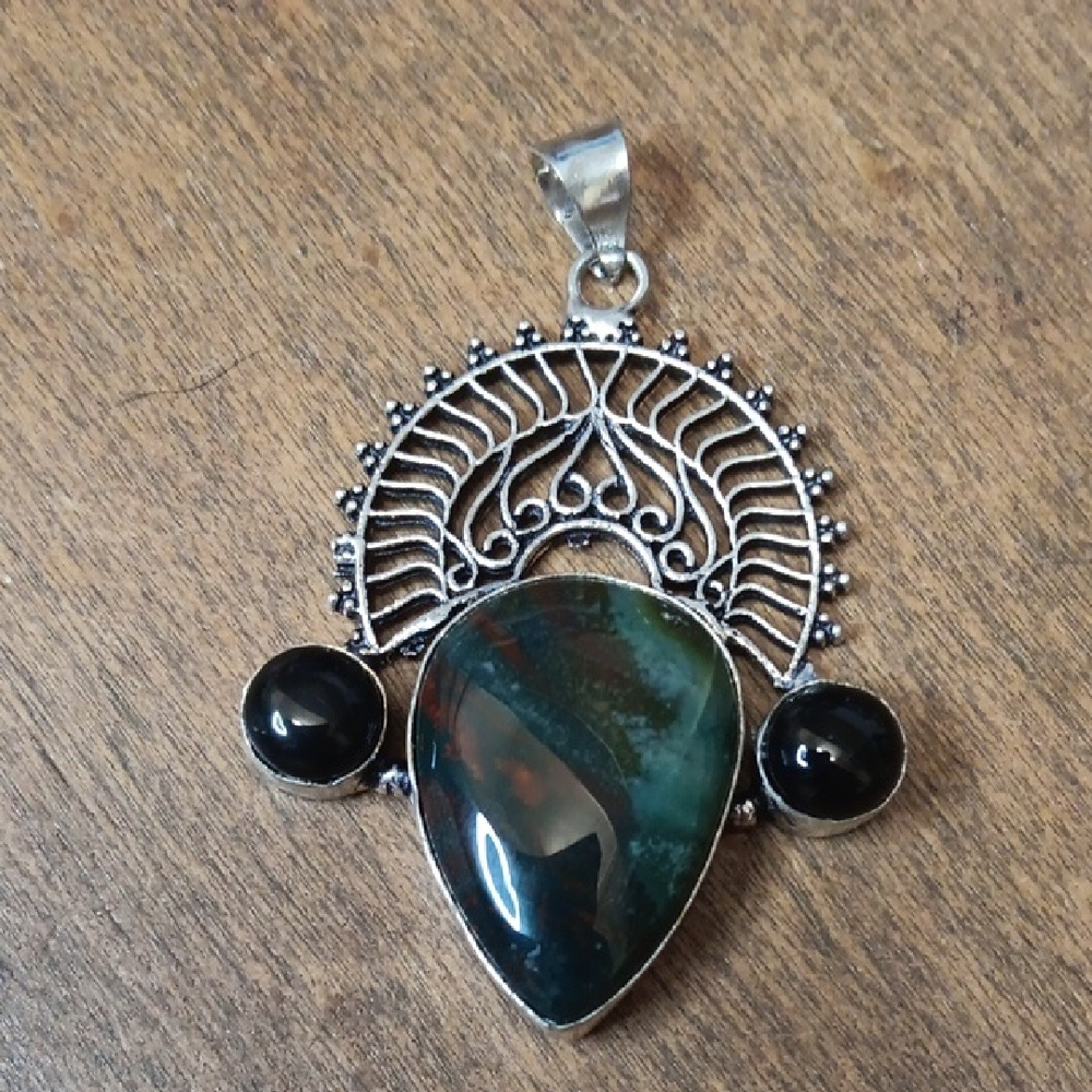 Incredible, X-Large,Hand Crafted Red,Green and Black Teardrop Bloodstone Pendant